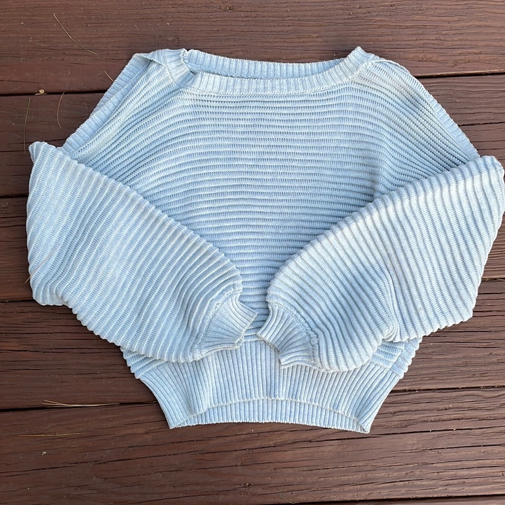Powder blue cold shoulder knit sweater